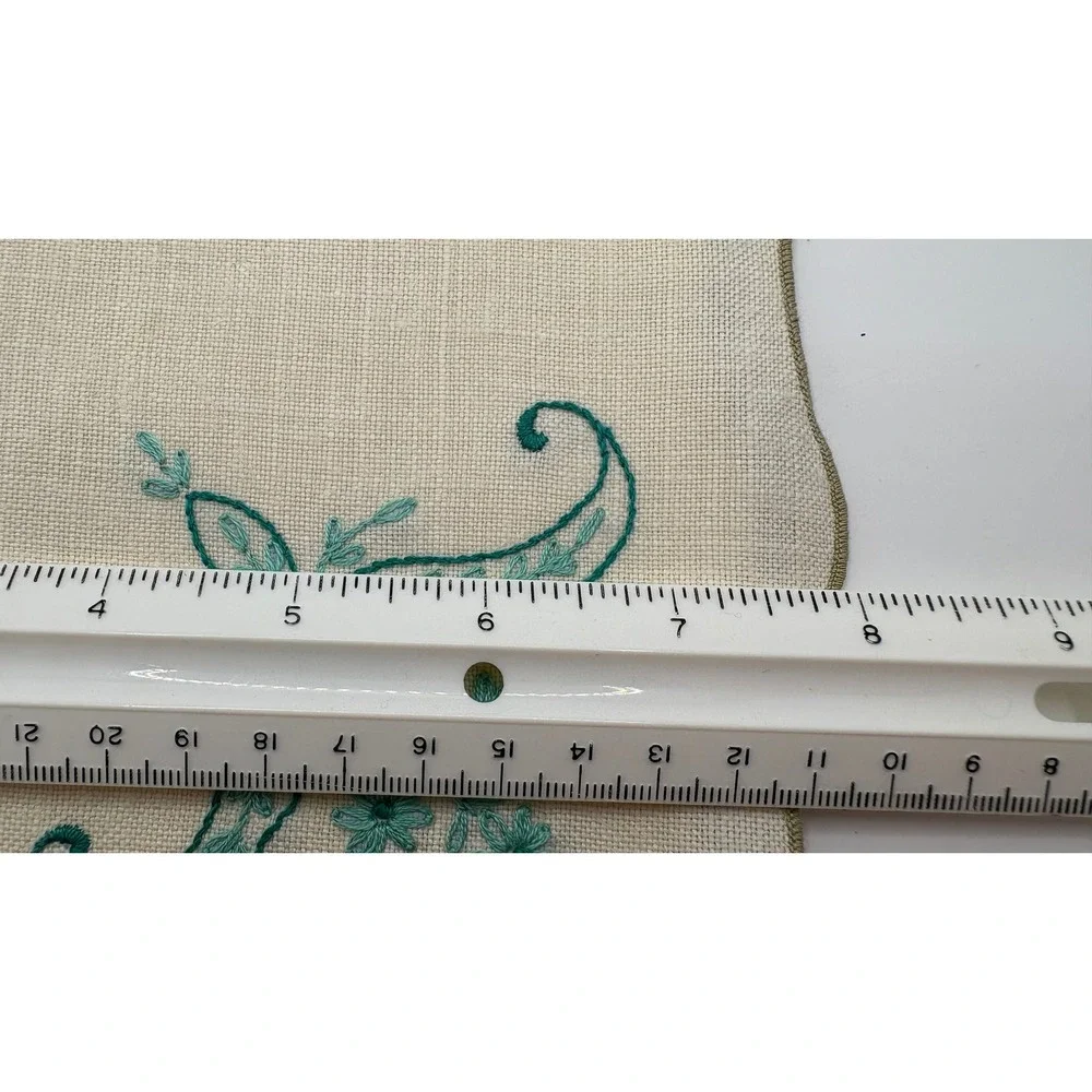 Vintage Hand Embroidered Linen Napkins Set of 4 Scallop Floral Teal Cream 16x16
